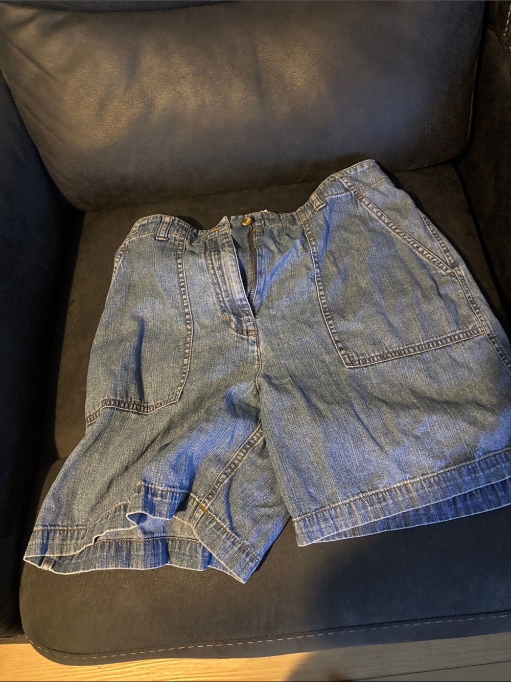 Women’s Blue Denim Bermuda Shorts with Front Patch Pockets